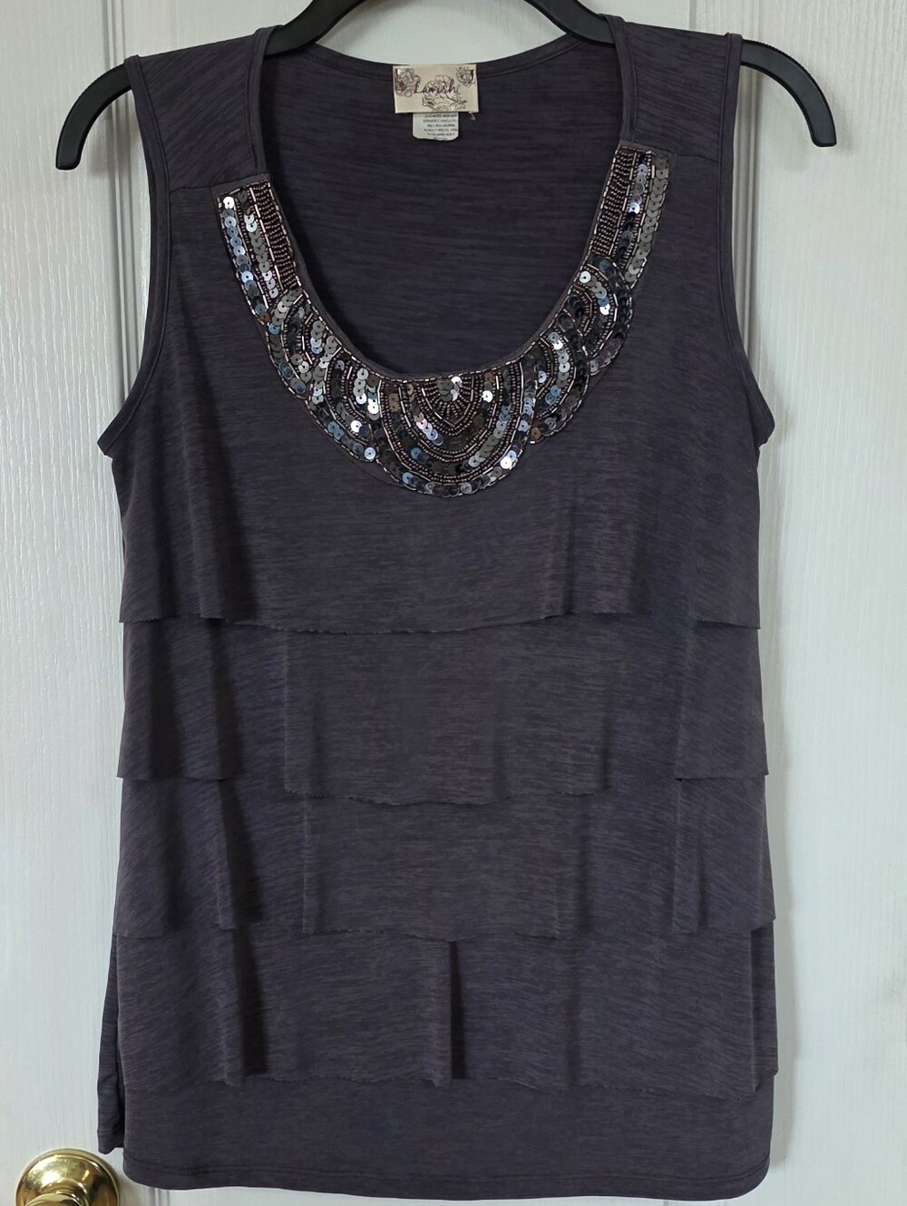 Lavish, Vintage Sleeveless Layered Sequin Scoop Neck Top - Gray Sz M